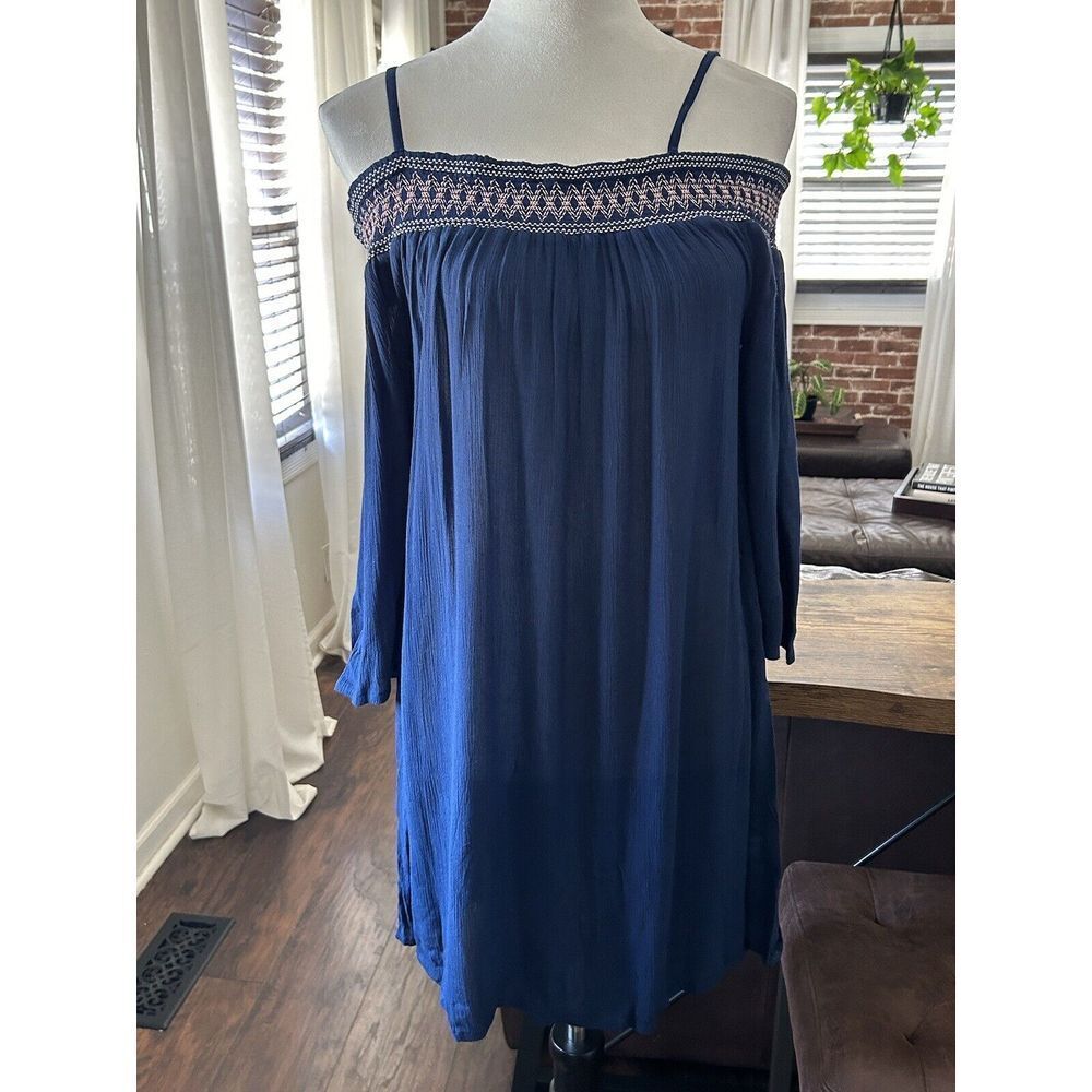 NWT Lascana Venus Navy Crepe Smock Embroidery Cold Shoulder Cover Dress Size 2